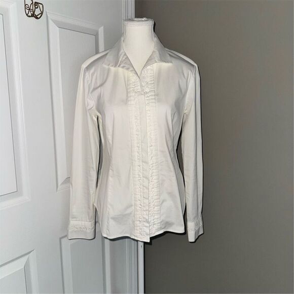 Vintage Lafayette 148 New York Tuxedo Pleated White Button-Up Blouse Size 8 - Picture 1 of 10